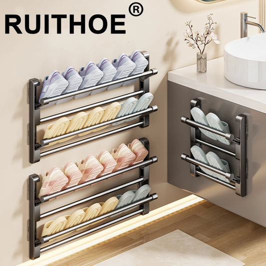 2025 Bathroom slipper rack wall-mounted non-punching toilet door shoe rack drain multi-functional folding shoe storage rack